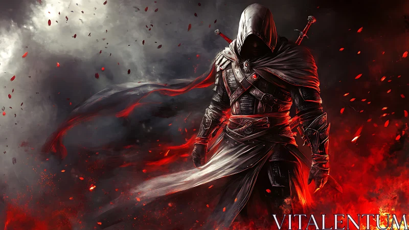Hooded warrior in crimson storm with swirling embers.