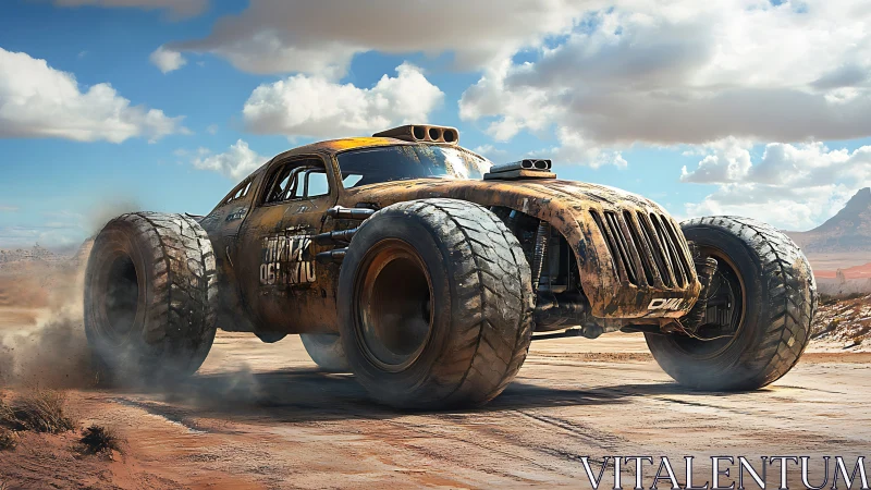 Off-road armored muscle car powers through dusty desert track