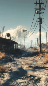 Deserted rural roadway with power lines and derelict structures.