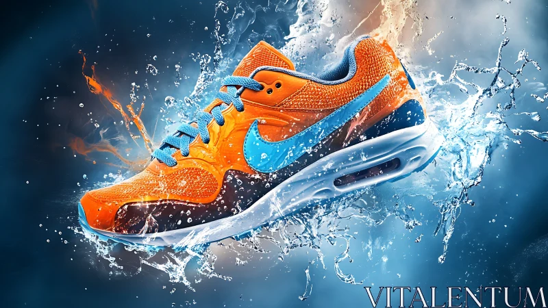 Dynamic orange athletic shoe splashing through clear water.