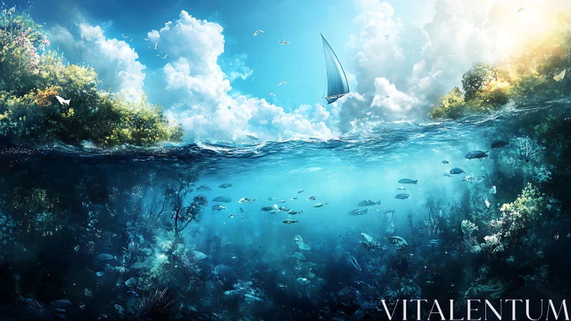 Cross‑sectional ocean panorama with sailboat and reef biota.