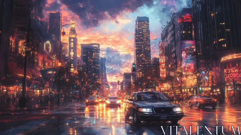 Neon dusk pours down city streets while taxis chase light