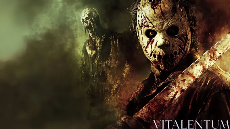 Masked slasher advances with bloody blade in smoky gloom.