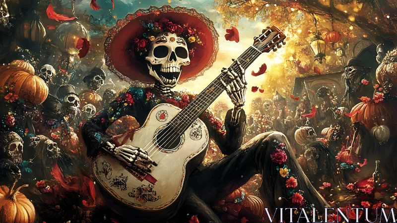Calavera guitarist in D&iacute;a de Muertos parade with floral details