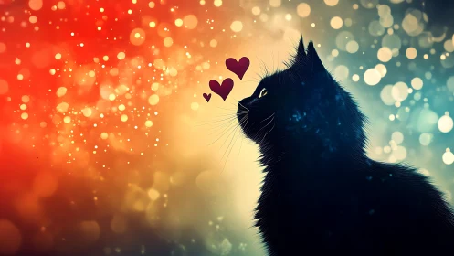 Silhouetted Black Cat with Heart Symbols Against Warm Golden-to-Teal Bokeh Gradient