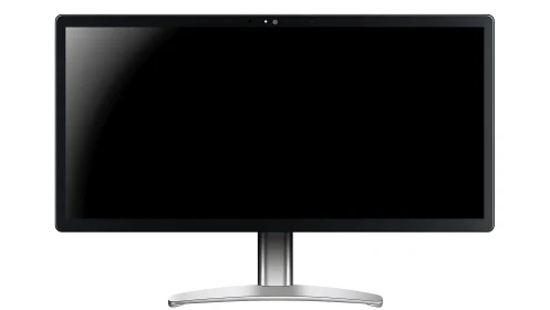 Front view of widescreen computer monitor on stand.