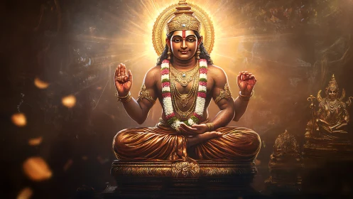 Radiant Hindu deity seated on ornate golden lotus throne.