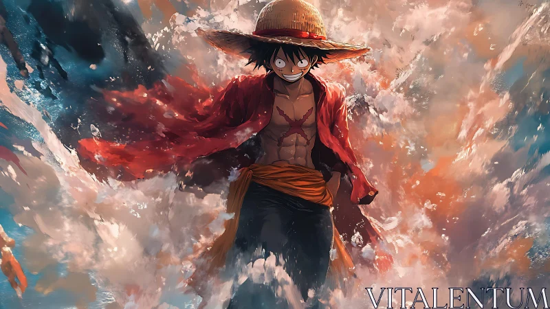 Straw hat figure in red coat amid turbulent abstract spray.