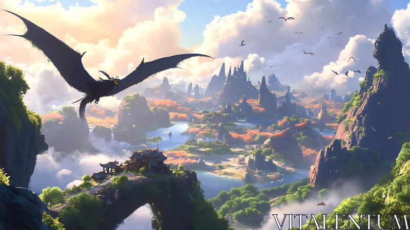 Dragon soars above luminous valley in expansive fantasy panorama