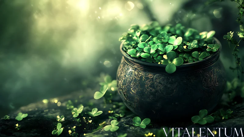 Emerald clover pot glowing in enchanted forest haze.