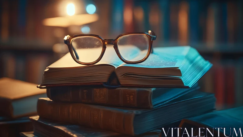 Reading glasses rest on open book in softly lit library.