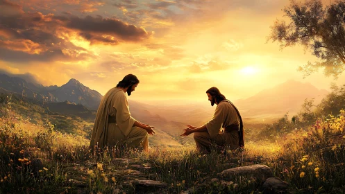 Two robed men converse in a sunlit mountain meadow.