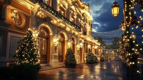Grand boulevard palace glows under festive winter lights.