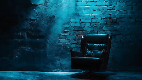 Leather armchair stands against blue lit brick wall