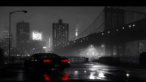 Moody city bridge scene welcomes a lone night drive