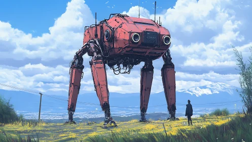 Colossal red mech towers over lone figure in bright meadow