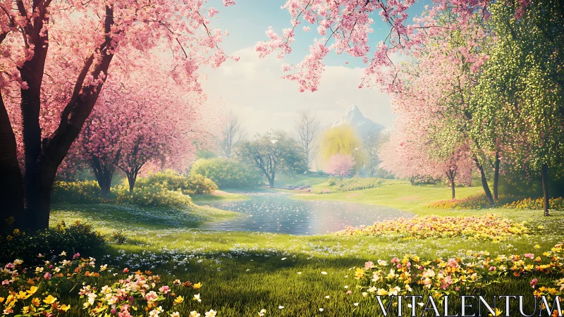 Spring landscape renders dense blossom trees around reflective pond