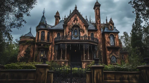Gothic mansion facade under cloudy sky with dense foliage.