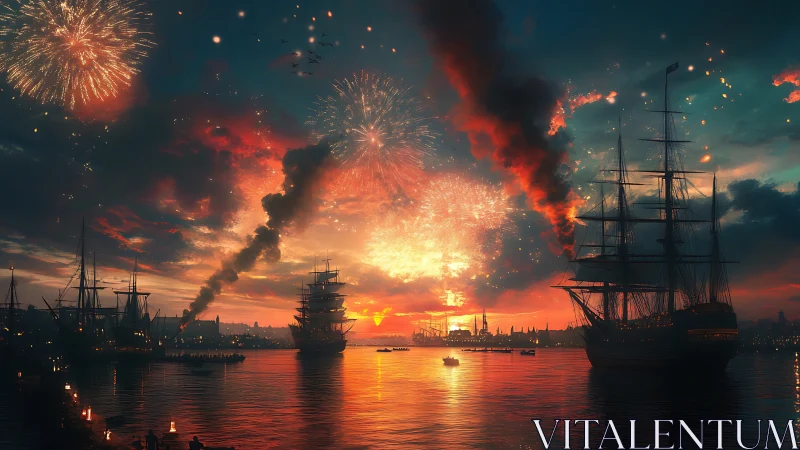 Historic harbor fireworks over moored tall sailing ships.