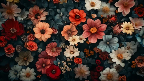 Floral Arrangement Against Dark Background: Layered Botanical Composition.