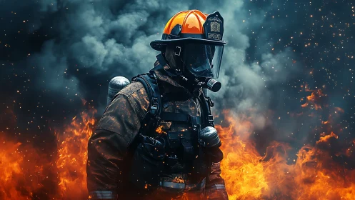 Firefighter in Inferno: Dramatic Combat Against Raging Flames.