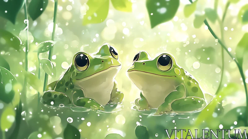 Pondlight daydreams with two wide-eyed green frogs together.