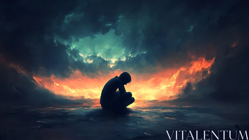 Storm-lit silhouette gently cradles quiet moments of grief