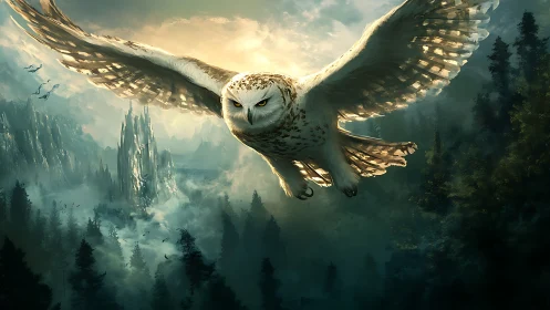Majestic Snowy Owl Soaring Over Mystical Forest Landscape.