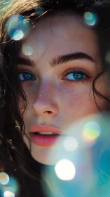 Close-up portrait of young woman with blue eyes and freckles.
