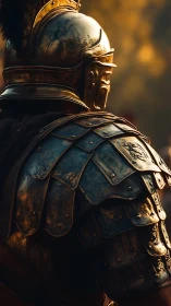 Roman-style armored soldier stands in warm evening light