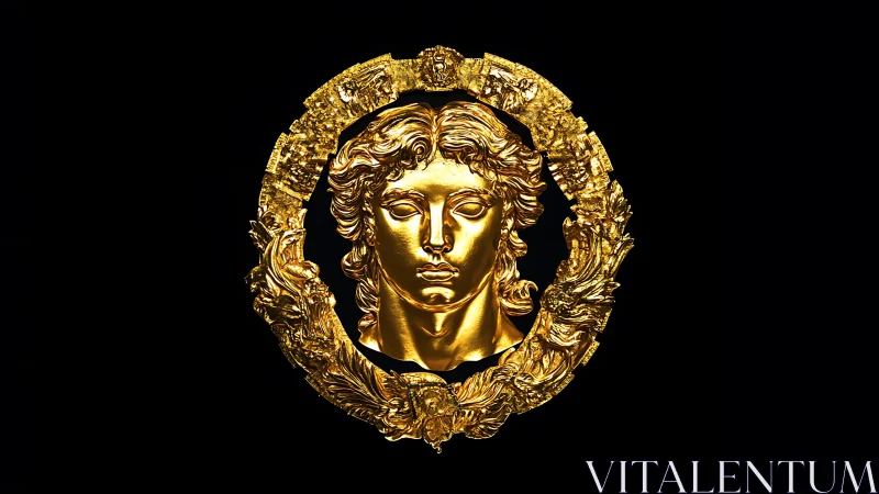 Gilded classical portrait medallion isolates on deep black field