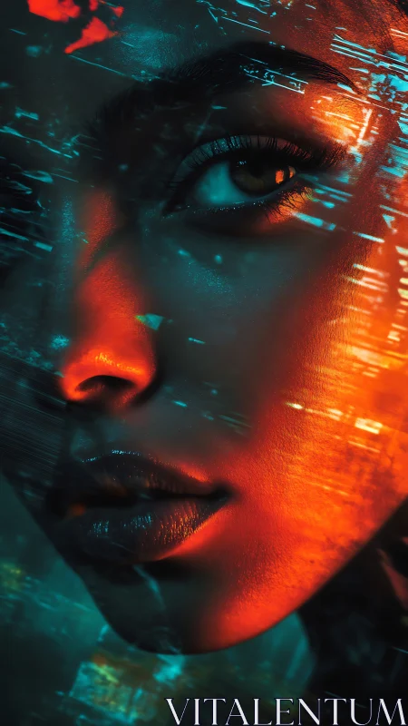 Cyberpunk portrait in neon bicolor glitch illumination design.