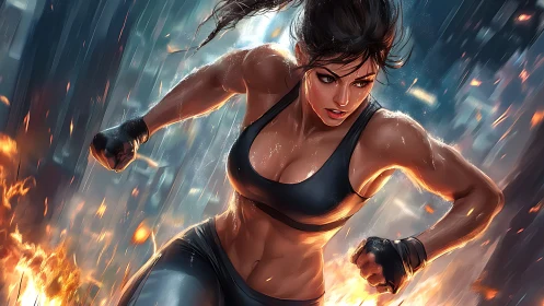 Athletic warrior sprints through burning futuristic cityscape
