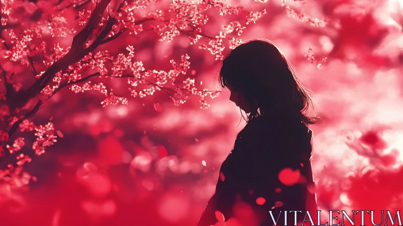 Silhouetted girl under crimson blossom canopy at dusk.