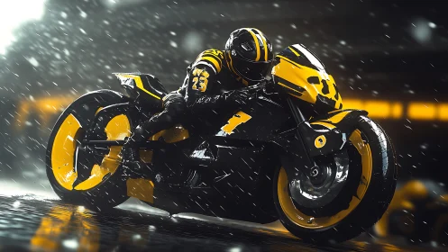 Motorcycle rider on wet track in heavy nighttime rainfall.
