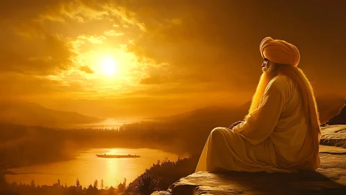 Solitary turbaned figure contemplates a golden atmospheric sunrise