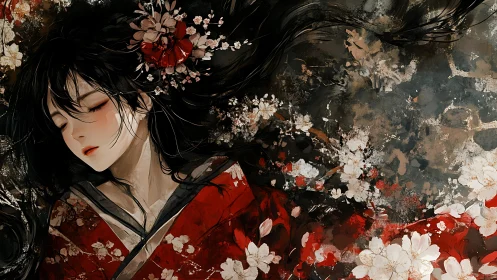 Sleeping maiden in crimson kimono amid painted blossoms.