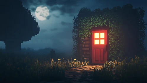 Moonlit cubic structure with illuminated red entry door.