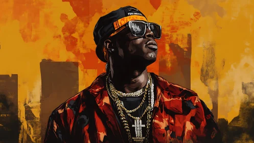 Urban rap icon rendered in bold orange digital portrait.