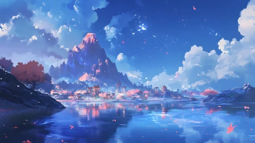 Dreamlit mountain village by a tranquil blue lakeshore.