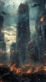 Skyline inferno where steel towers drown in burning storm.