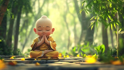 Serene baby monk meditating on stone path in bamboo grove.