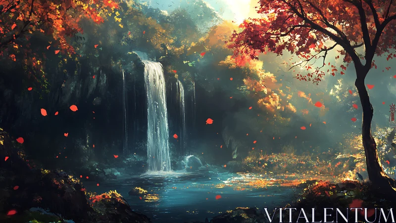 Digital painting of autumn waterfall glade with luminous foliage.