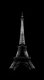 Eiffel Tower illuminated in high-contrast monochrome silhouette.