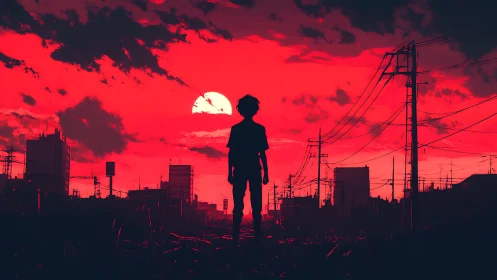 Silhouetted figure analyzes dystopian skyline under saturated red sky