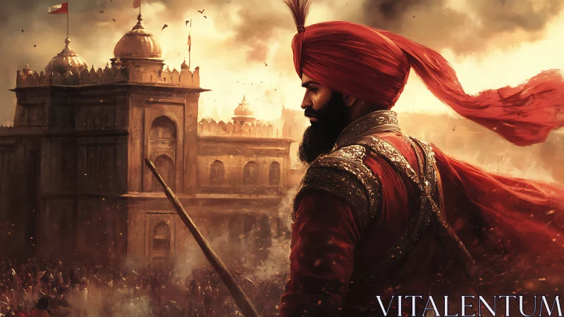 Warrior in red turban observes fortified sandstone structure