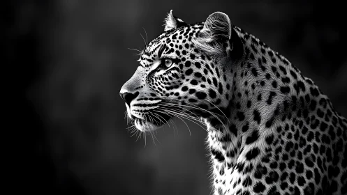 Monochrome leopard profile in high-contrast photorealistic study.