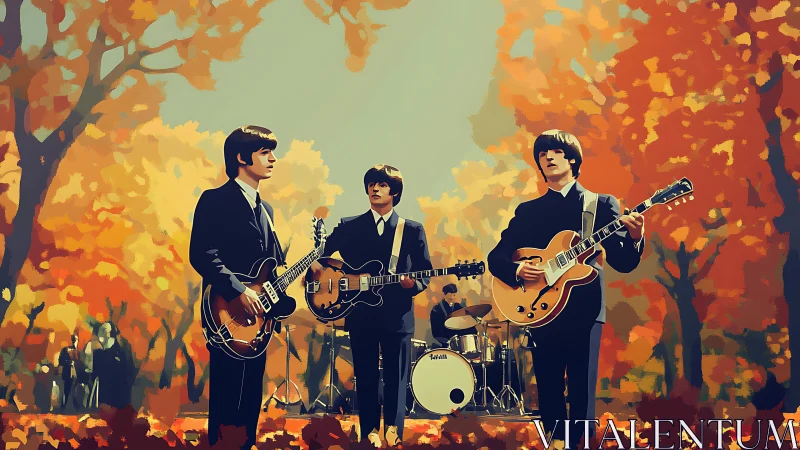 Autumn park rock band performance in stylized vector palette.