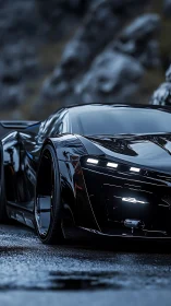 Black sports coupe on wet mountain road surface at dusk.