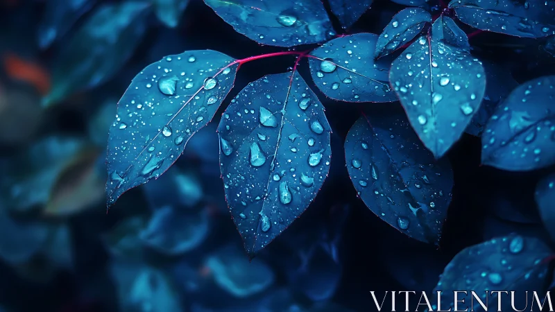 Rain-soaked blue leaves glow against deep shadowed foliage